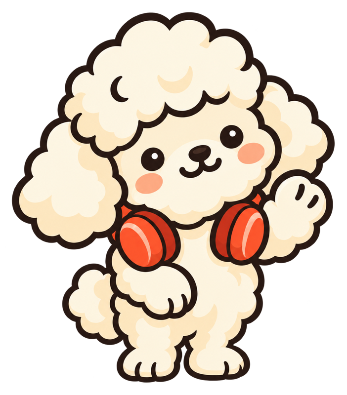 Poddle's mascot, a fluffy cartoon poodle in red headphones, waving