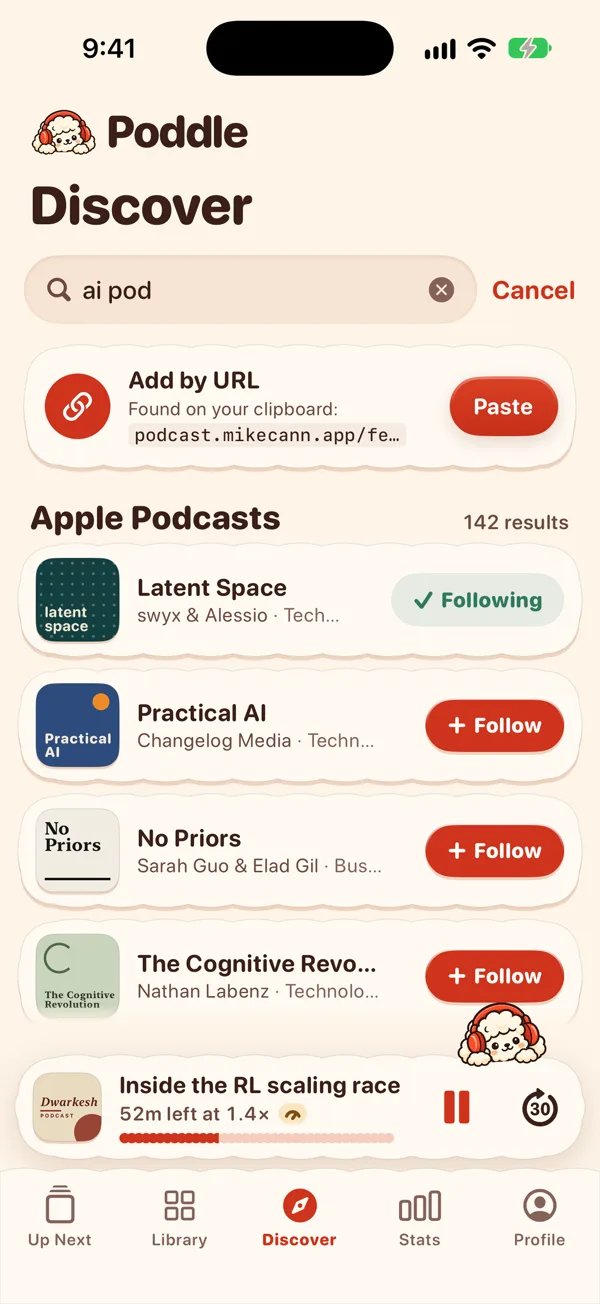 Searching Apple Podcasts in Discover, with a button to add a feed by its URL