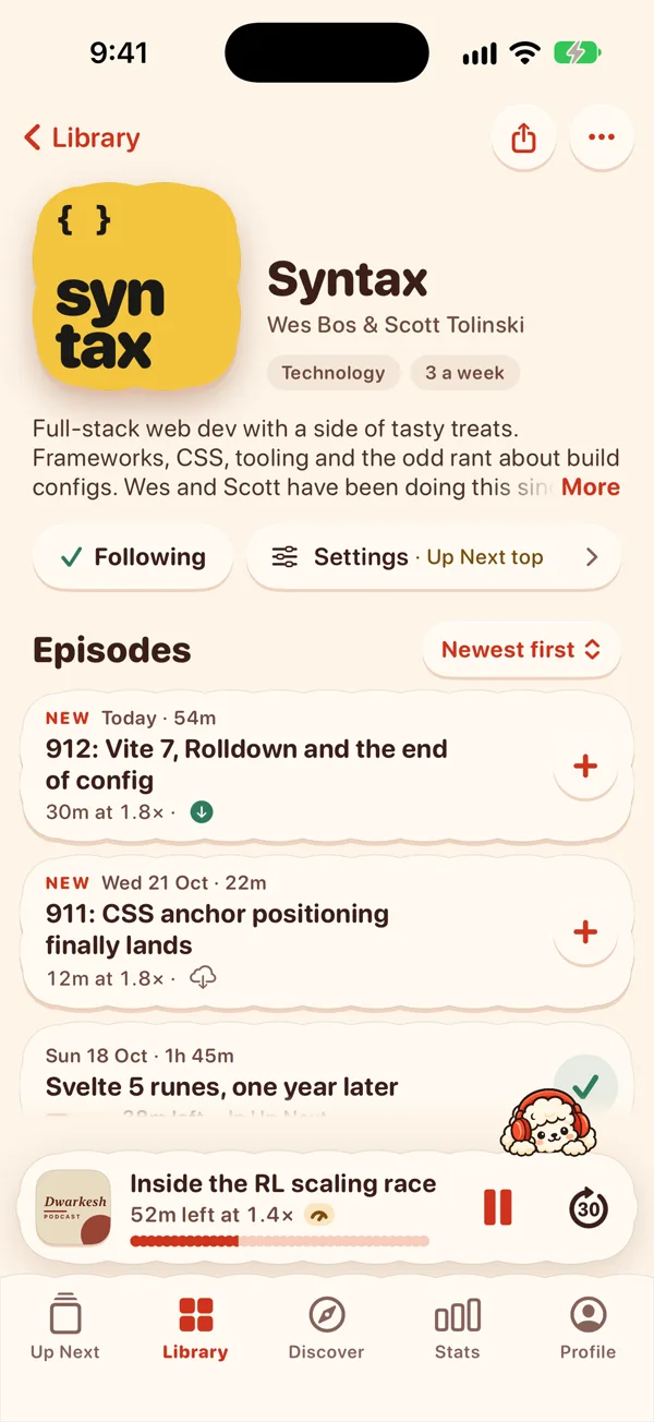 A show's page with its newest episodes and its settings
