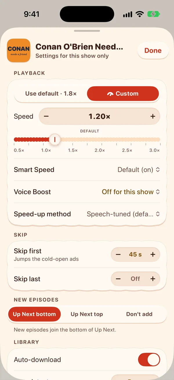 Settings for one show: its own speed, Voice Boost off and the first 45 seconds skipped