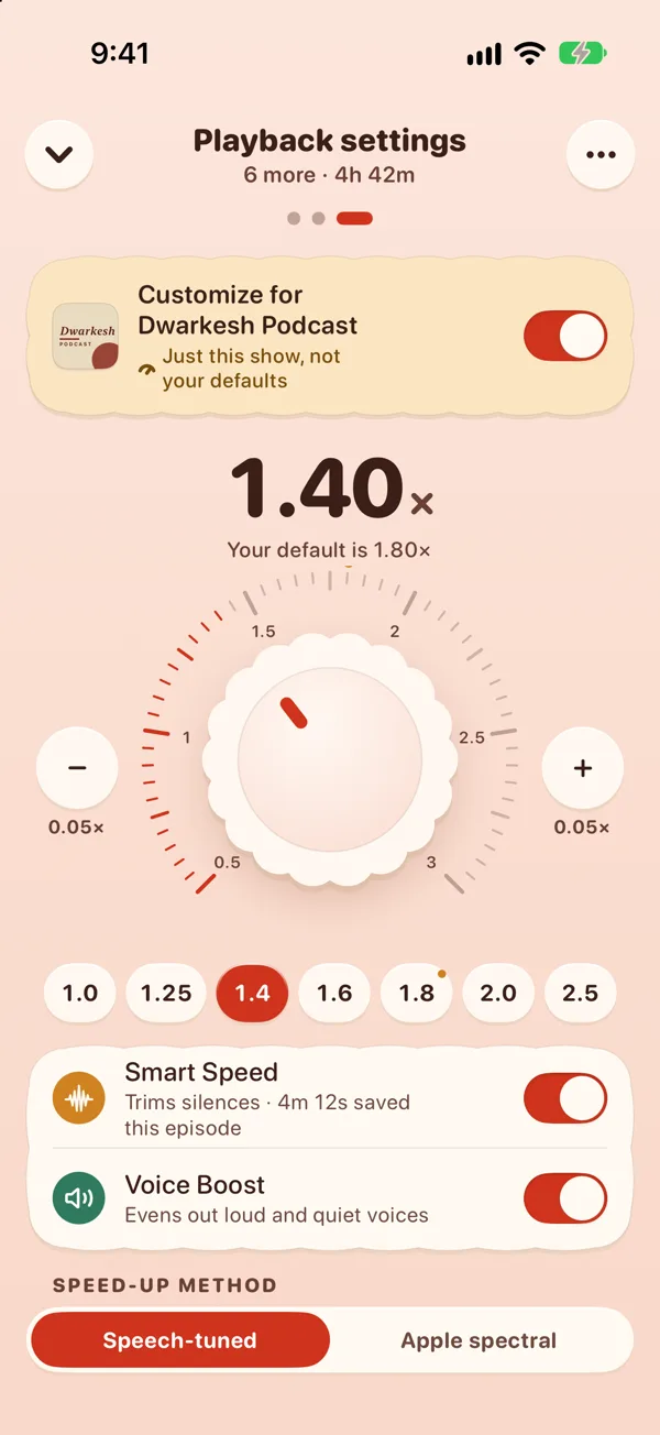 The playback speed dial at 1.40x for just this show, with Smart Speed and Voice Boost switched on